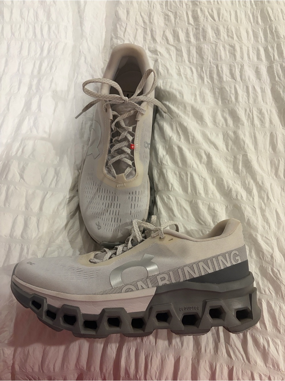 On Running Men’s Cloudmonster Shoes in Light Beige and Gray